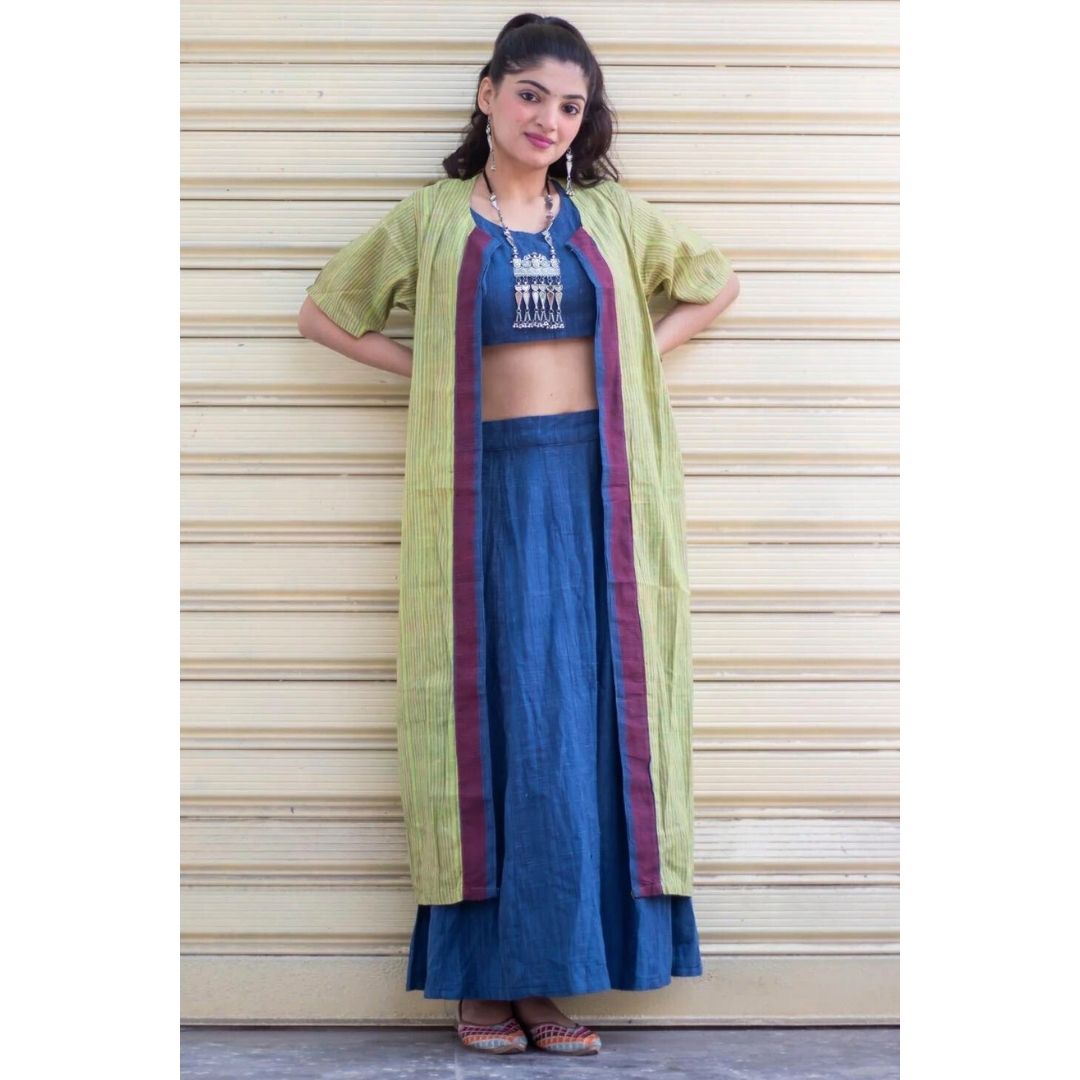 Lavi Khadi Crop Top, Jacket And Skirt