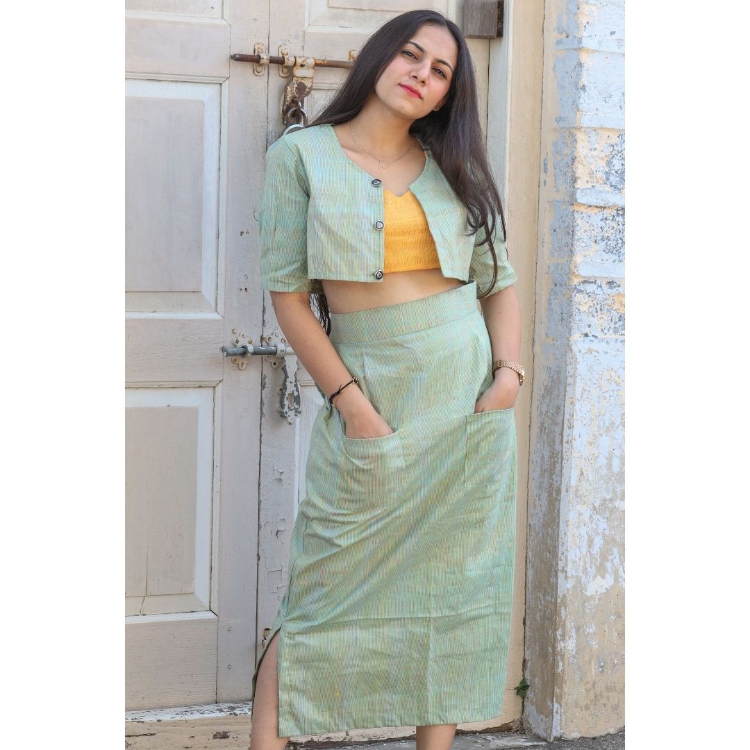 Lekha Khadi Short Top, Jacket And Skirt